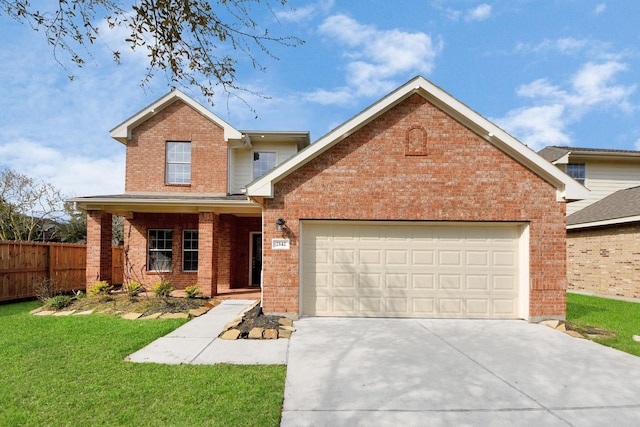 traditional-style house featuring driveway, brick siding, a front lawn, and fence