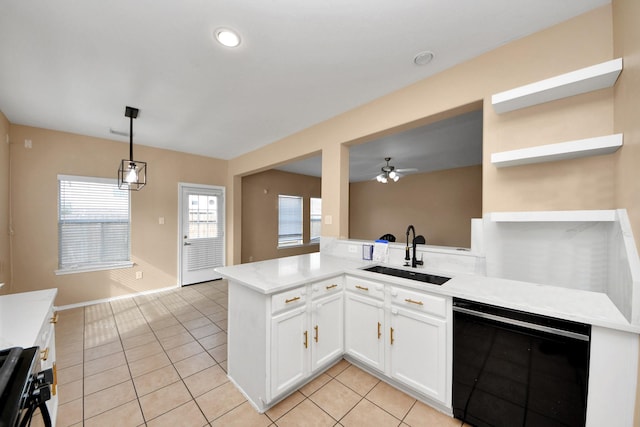 kitchen with open shelves, a sink, black dishwasher, light tile patterned floors, and range