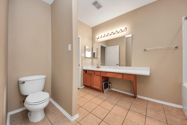 bathroom with tile patterned floors, visible vents, toilet, baseboards, and vanity