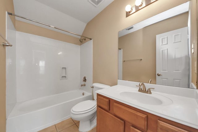 bathroom featuring visible vents, toilet, washtub / shower combination, tile patterned flooring, and vanity