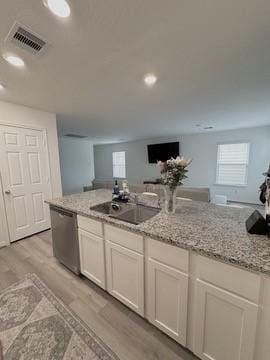 kitchen with visible vents, a sink, stainless steel dishwasher, white cabinetry, and light wood finished floors