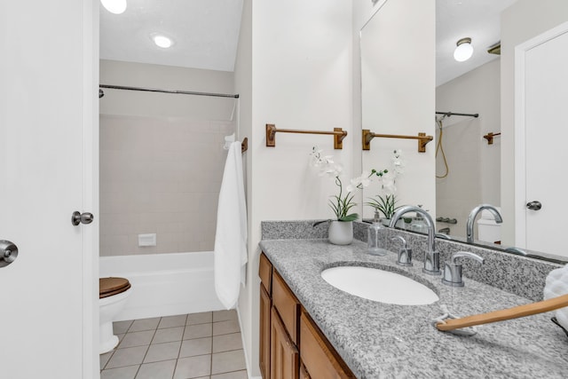 bathroom featuring toilet, vanity, tile patterned floors, shower / bath combination with curtain, and a textured ceiling