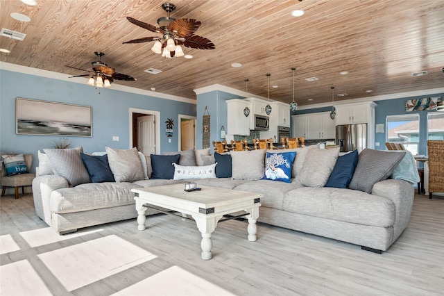 living room with visible vents, light wood-style flooring, wood ceiling, and ornamental molding