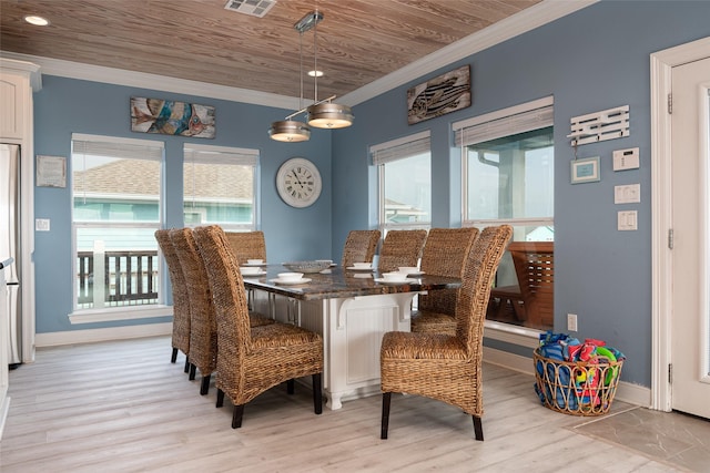 dining space with light wood finished floors, wood ceiling, and ornamental molding