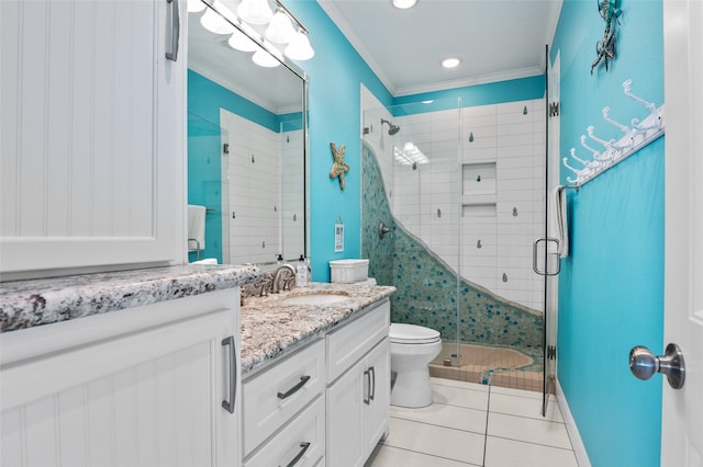 full bathroom featuring toilet, ornamental molding, a shower stall, and tile patterned flooring