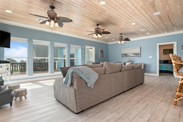 living area featuring wood finished floors, baseboards, recessed lighting, ornamental molding, and wooden ceiling