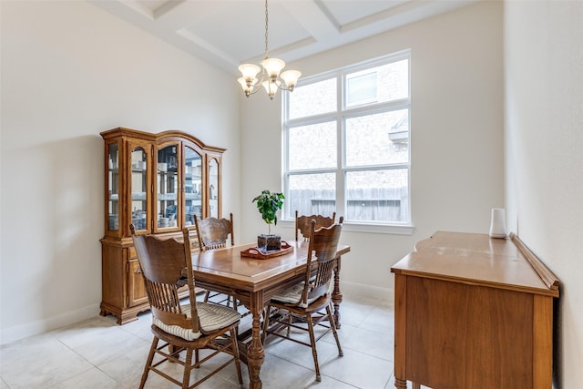 dining space with beamed ceiling, light tile patterned floors, baseboards, and a chandelier