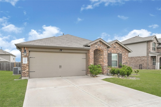 single story home featuring a garage, a front lawn, concrete driveway, and brick siding