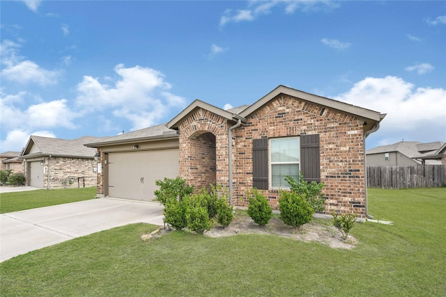 ranch-style house with brick siding, an attached garage, a front lawn, fence, and driveway