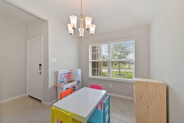 rec room featuring an inviting chandelier, light tile patterned floors, and baseboards