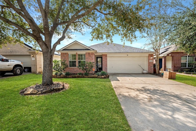 ranch-style house featuring a front lawn, brick siding, a garage, and driveway