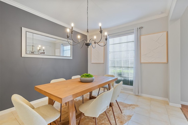 dining space with crown molding, light tile patterned flooring, and baseboards