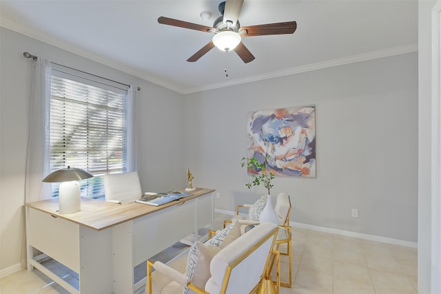 home office featuring light tile patterned flooring, baseboards, ceiling fan, and crown molding