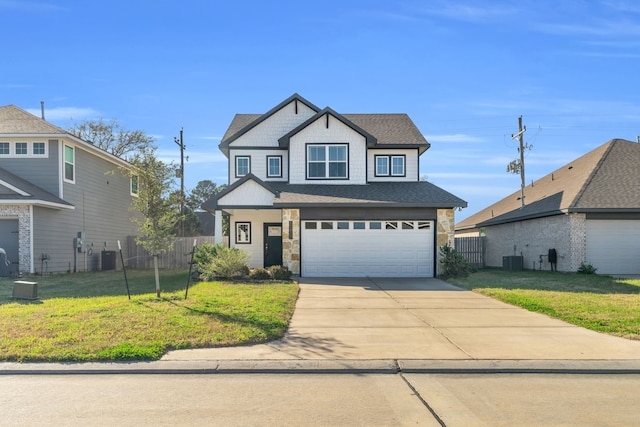 view of front facade featuring fence, central AC, a front lawn, concrete driveway, and a garage