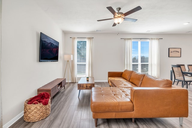 living room with a wealth of natural light, baseboards, and wood finished floors