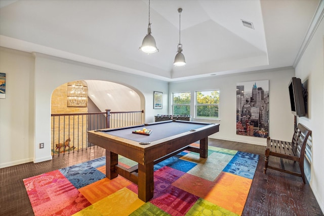 game room with visible vents, wood finished floors, baseboards, pool table, and a raised ceiling