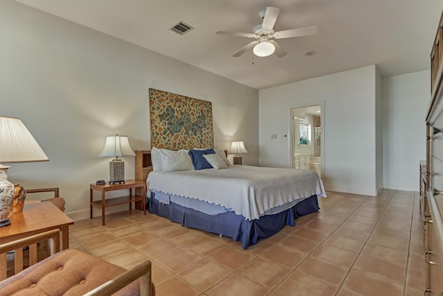 bedroom featuring light tile patterned flooring, visible vents, a ceiling fan, and baseboards