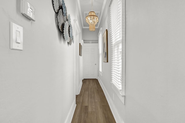 corridor featuring visible vents, baseboards, dark wood finished floors, ornamental molding, and an inviting chandelier