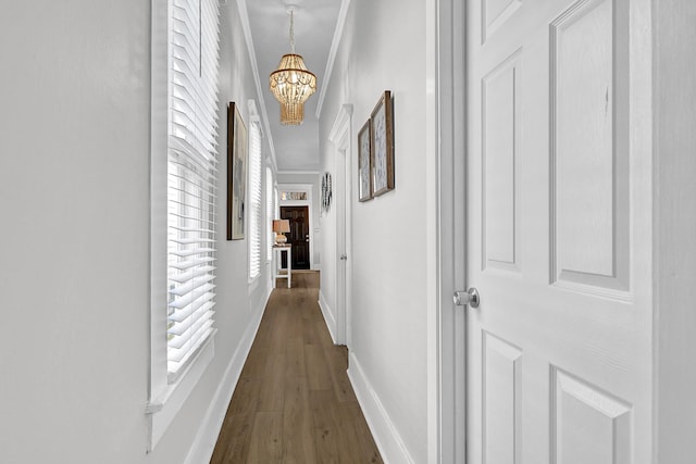 hallway featuring dark wood-style floors, baseboards, crown molding, and an inviting chandelier