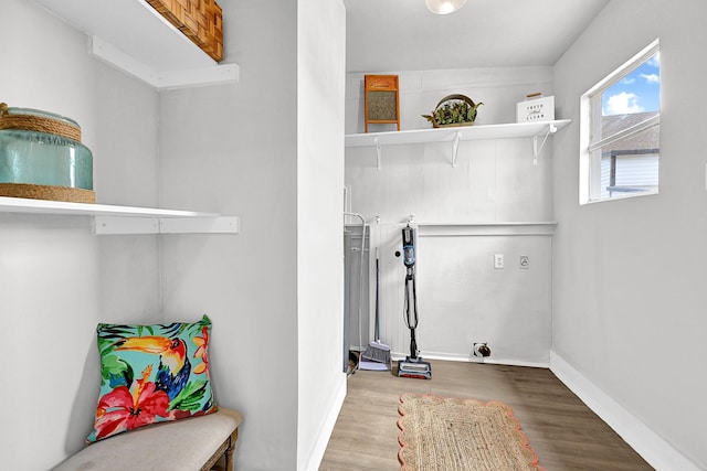 laundry area with baseboards and wood finished floors