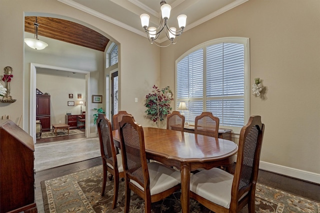 dining room with an inviting chandelier, baseboards, arched walkways, and dark wood-style flooring