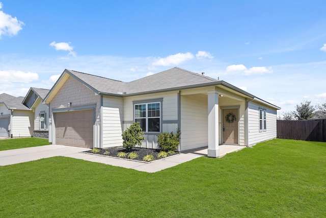 single story home featuring fence, roof with shingles, a front yard, driveway, and an attached garage