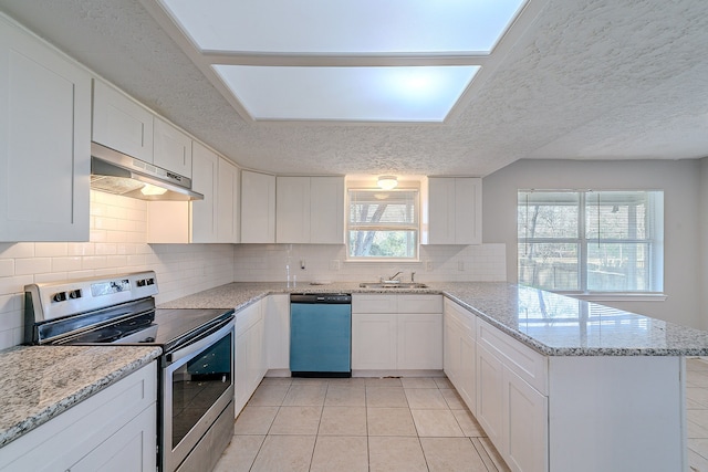 kitchen featuring electric range, under cabinet range hood, a sink, a peninsula, and dishwashing machine