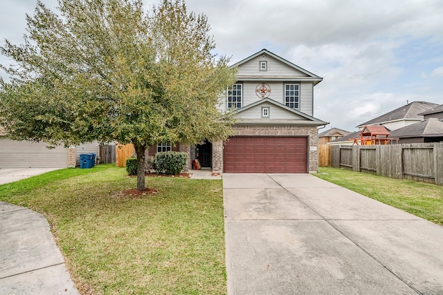 view of front of home featuring a front yard, concrete driveway, fence, and brick siding