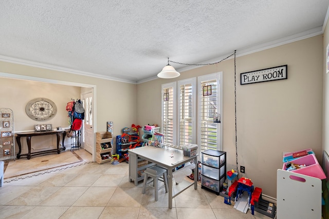 rec room featuring light tile patterned floors, a textured ceiling, and crown molding