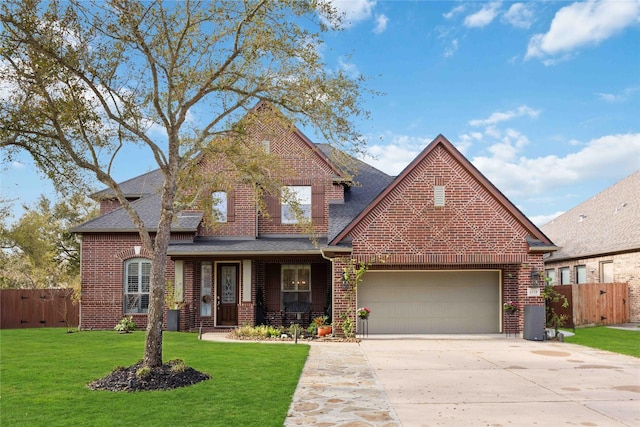 traditional-style house featuring fence, brick siding, and a garage