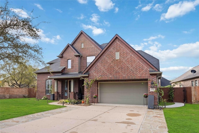 traditional-style house with a front yard, an attached garage, fence, and brick siding