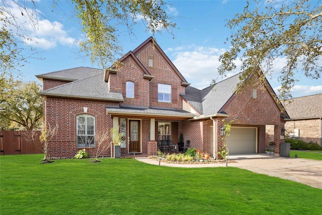 traditional home featuring roof with shingles, concrete driveway, a front yard, a garage, and brick siding