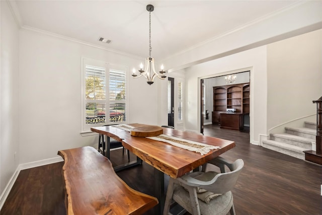 dining space featuring visible vents, stairs, crown molding, baseboards, and dark wood-style flooring