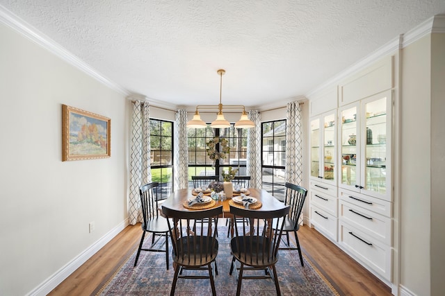 dining area featuring dark wood finished floors, crown molding, baseboards, and a textured ceiling