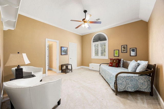 bedroom featuring visible vents, baseboards, light colored carpet, and ornamental molding