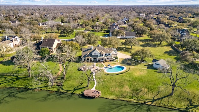 drone / aerial view featuring a water view