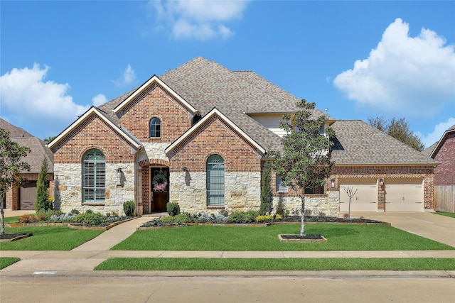 traditional home featuring a front yard, concrete driveway, brick siding, and a shingled roof