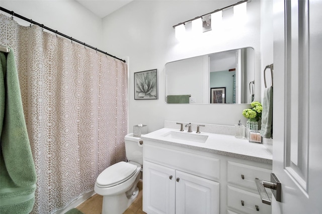 bathroom featuring vanity, toilet, and a shower with curtain