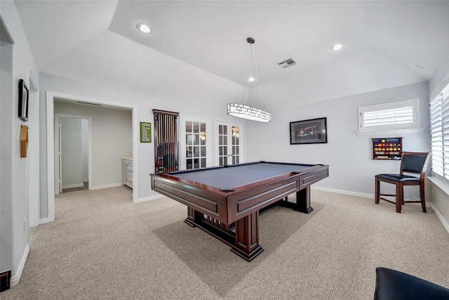 recreation room with baseboards, light carpet, pool table, and vaulted ceiling