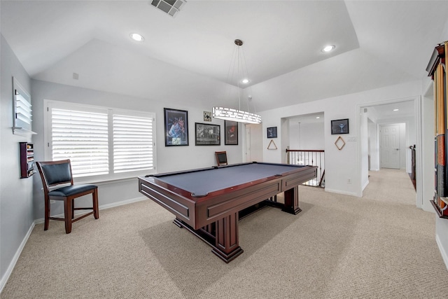 playroom with visible vents, light colored carpet, baseboards, and vaulted ceiling