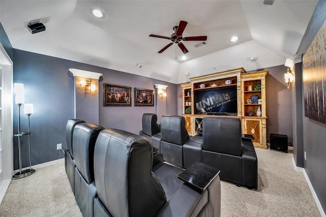 cinema featuring light carpet, recessed lighting, and lofted ceiling