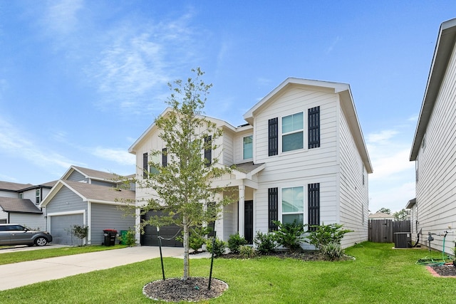 view of front of home featuring central AC unit, concrete driveway, a front lawn, and fence