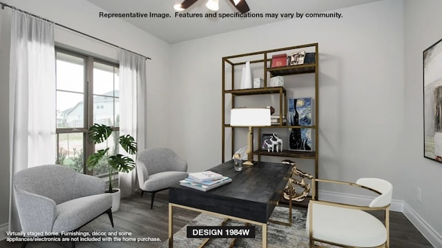 office area featuring a ceiling fan, baseboards, and wood finished floors