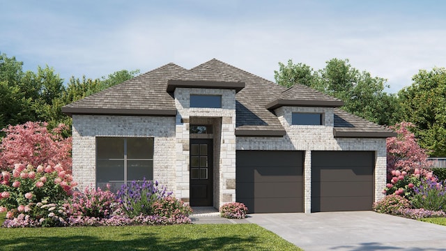 french country style house with brick siding, a front lawn, concrete driveway, stone siding, and an attached garage