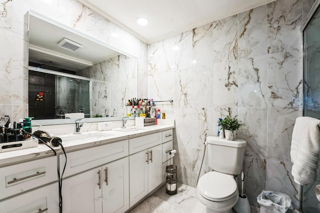 full bath with visible vents, toilet, marble finish floor, a stall shower, and vanity