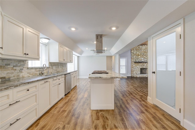 kitchen with tasteful backsplash, stainless steel dishwasher, light wood-style floors, and a sink