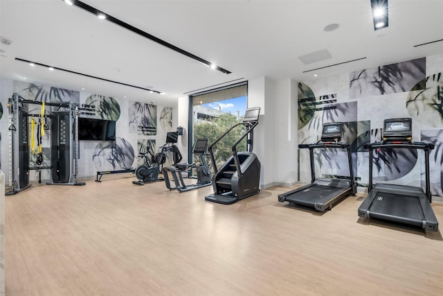 exercise room featuring a wall of windows and wood finished floors