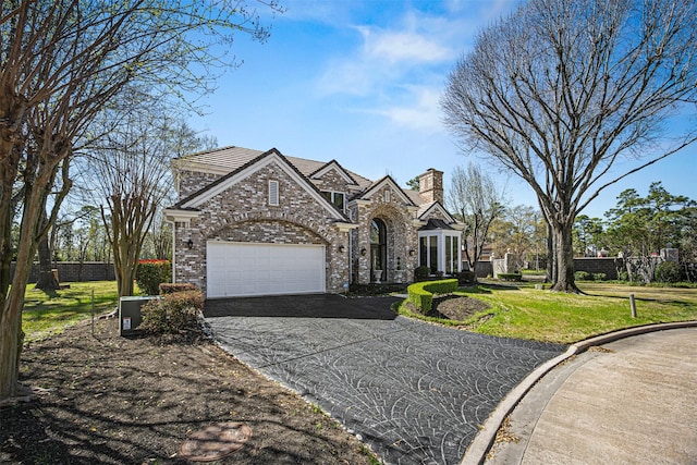 french provincial home featuring a garage, a chimney, a front yard, and aphalt driveway