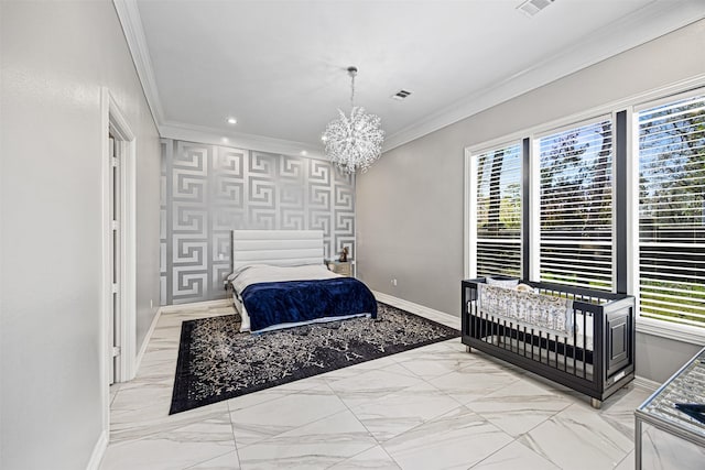 bedroom with multiple windows, crown molding, an accent wall, and baseboards