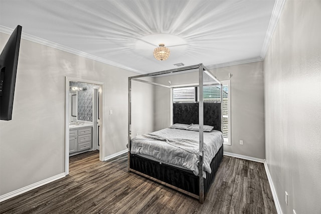 bedroom with visible vents, ornamental molding, and dark wood finished floors